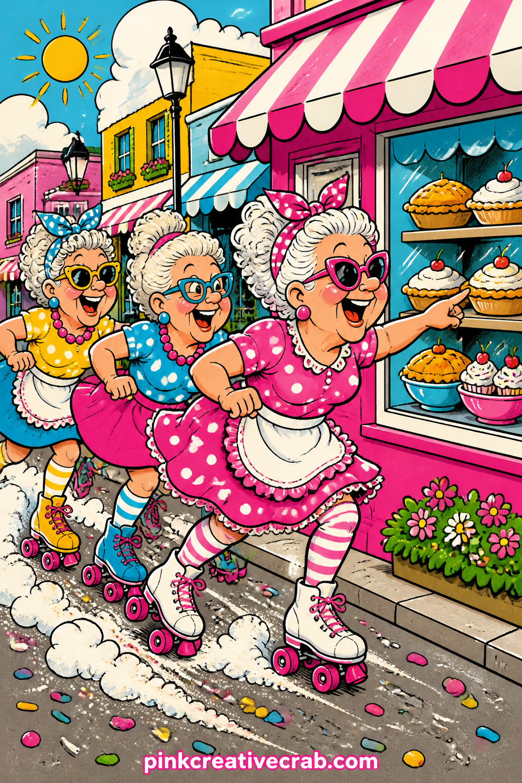 Roller Skating To The Bakery printable page — Write the name of a real bakery you love on the little sign in the window, or invent one and give it a silly pun