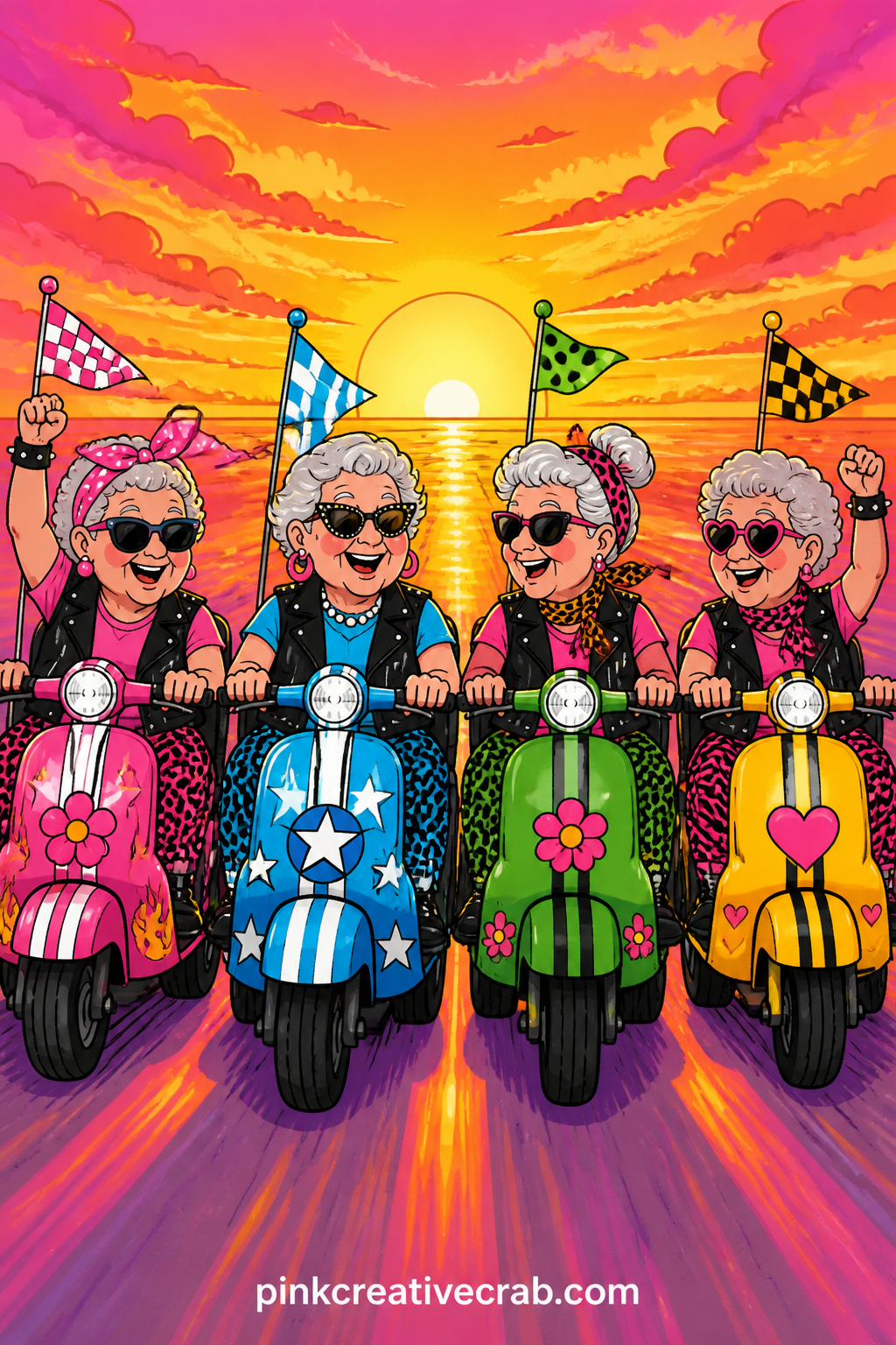 Scooter Gang At Sunset printable page — Four grannies in matching leather vests ride mobility scooters in a tidy row down a sunset boulevard, racing stripes