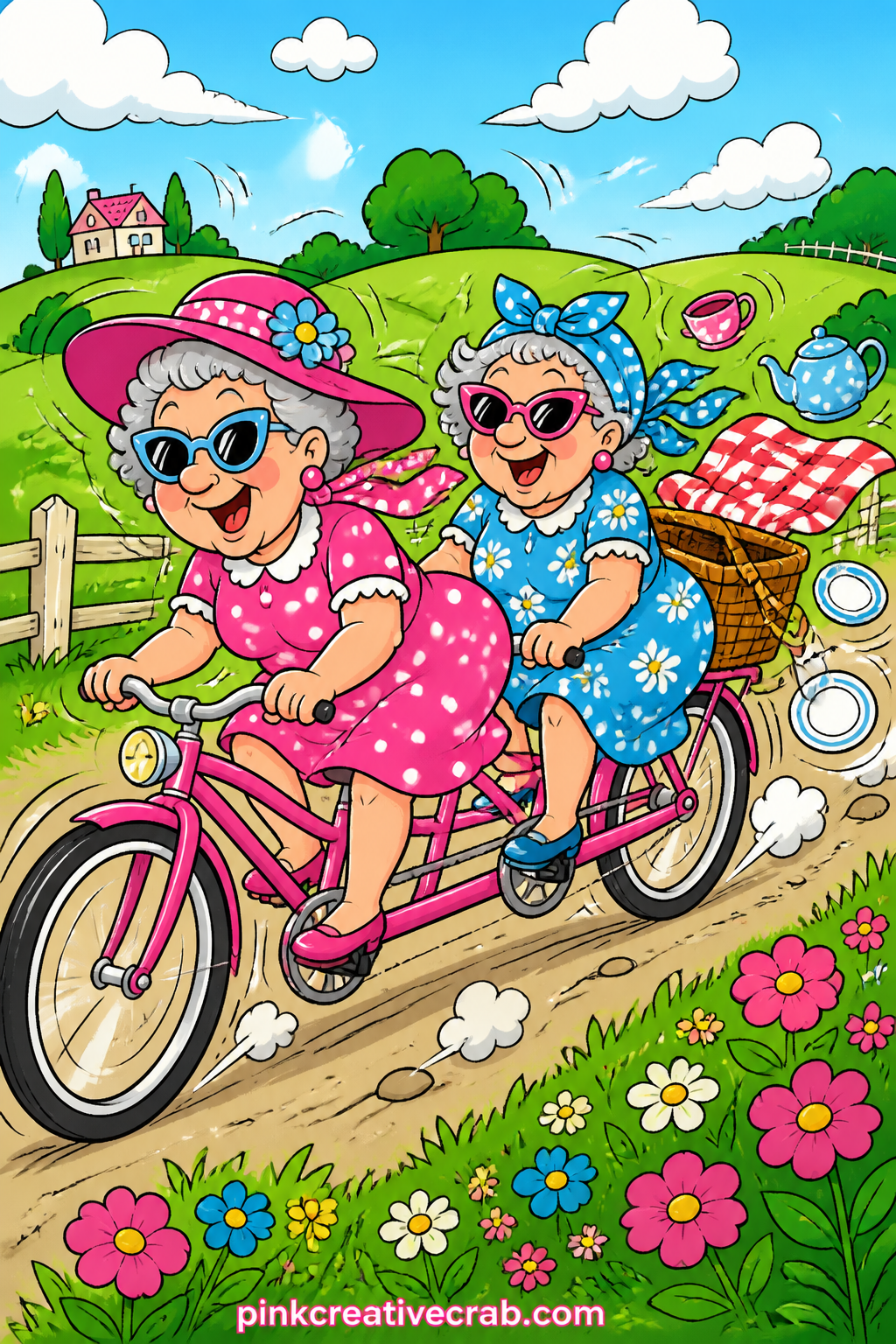 Tandem Bicycle Picnic Dash printable page — The usual mistake with a busy action scene like this is cramming in a caption right across the middle. Funny old