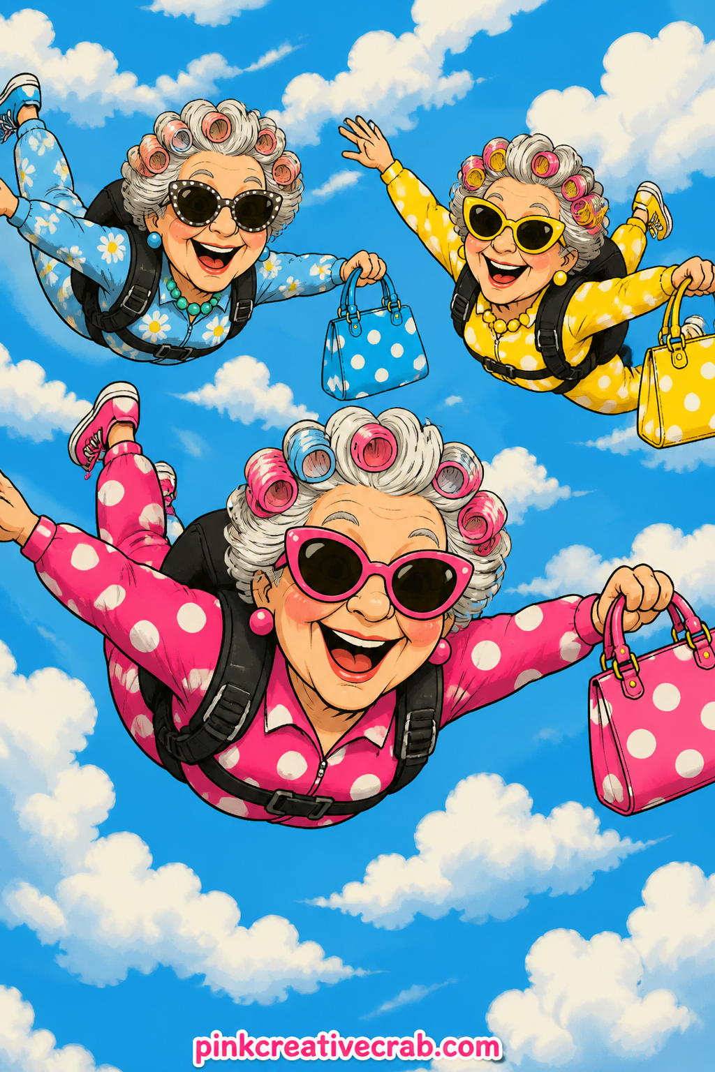 Skydiving Grannies With Handbags printable page — Three grannies freefall through a bright sky clutching their handbags tight, parachutes still tucked and