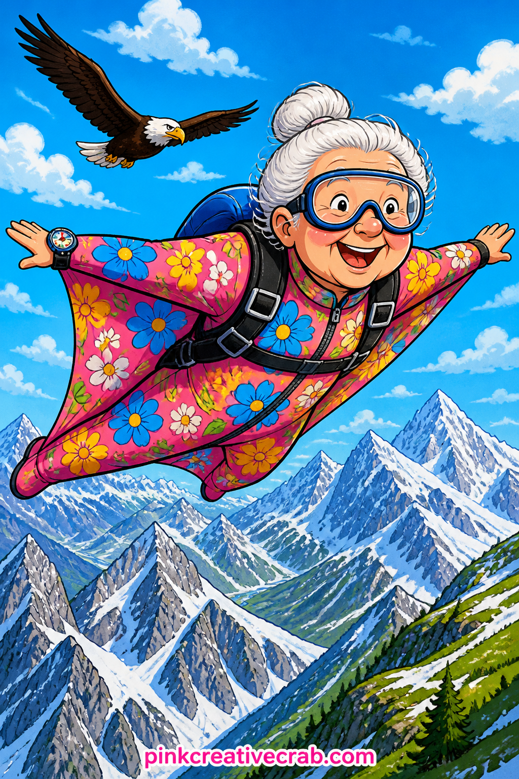 Wingsuit Granny Over The Mountains printable page — A granny in a bright floral wingsuit glides over snowy peaks, goggles pushed up on her forehead and a grin