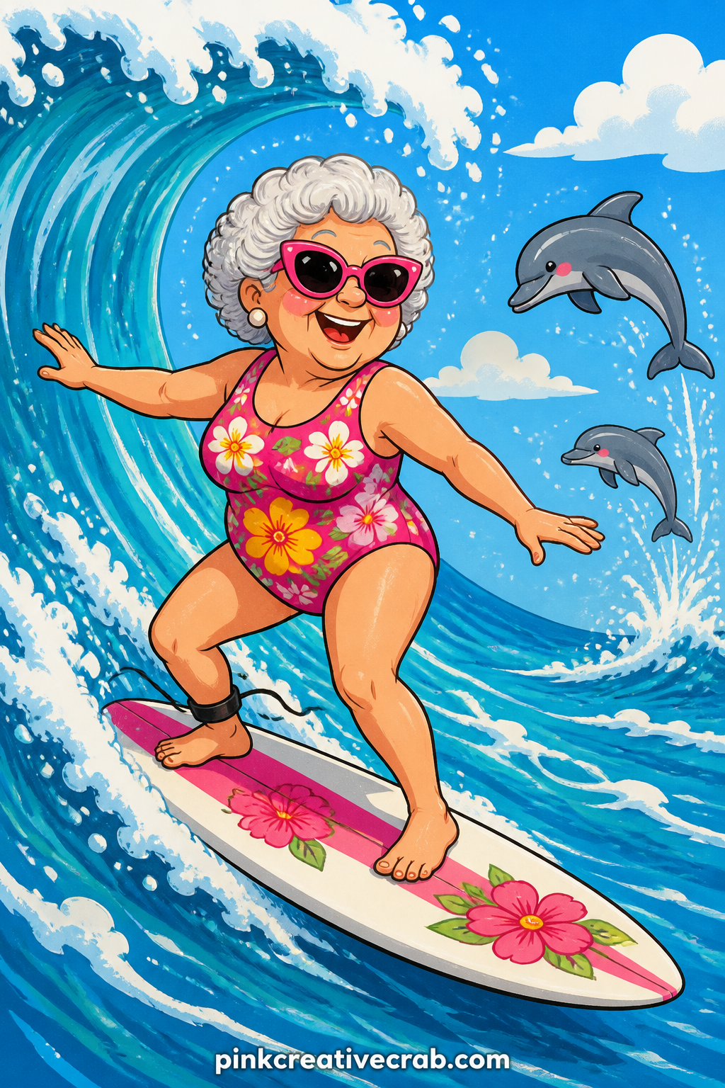 Surfing A Big Wave printable page — A granny in a bold floral swimsuit rides a towering blue wave with total confidence, arms out, board steady, not a single