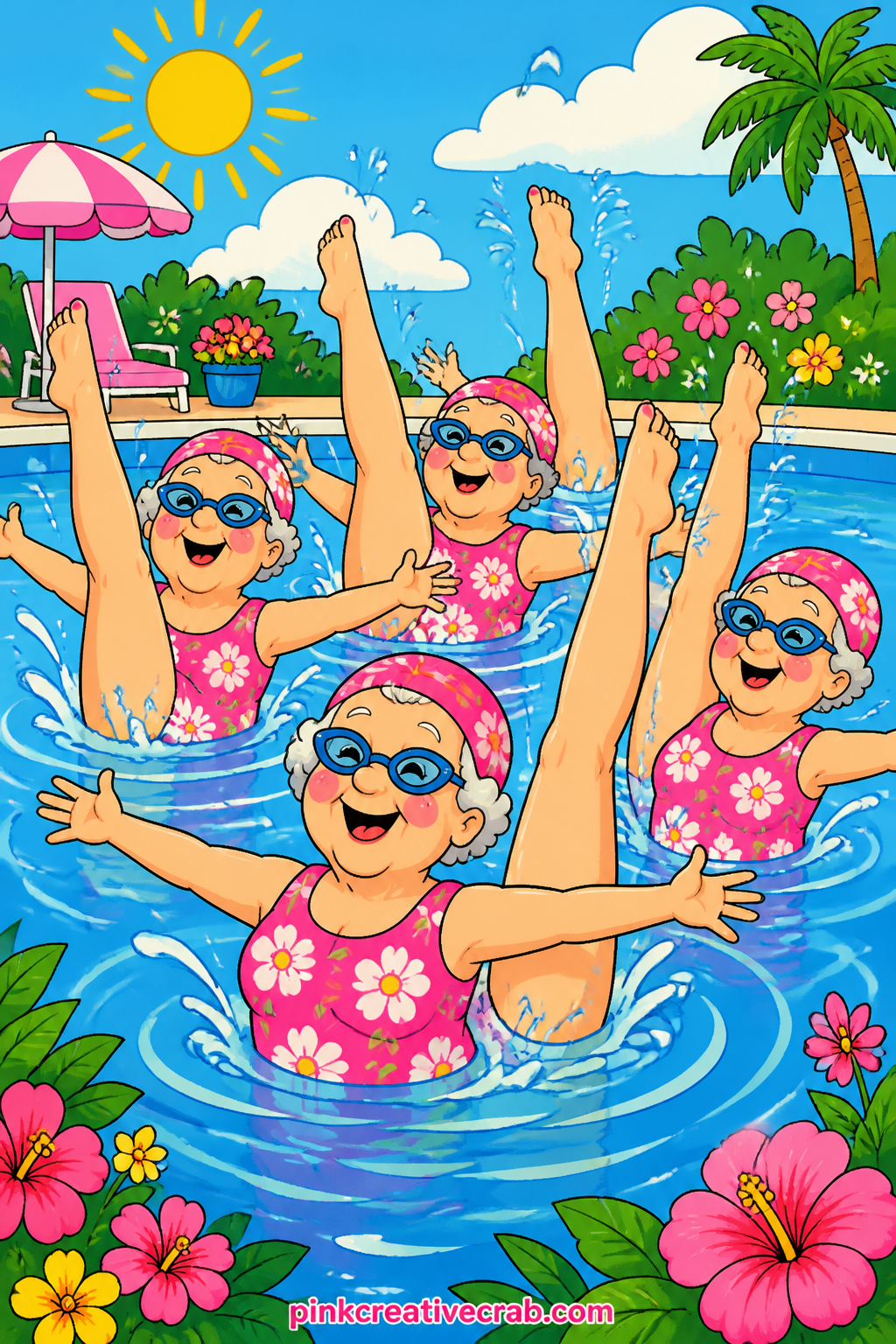 Synchronized Swimming Squad printable page — Give each swimmer a tiny label this time: write a one word trait under each cap, bold, brave, bossy, so the page