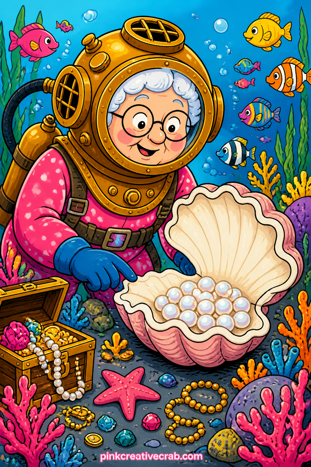 Deep Sea Diving For Pearls printable page — A granny in an old brass diving helmet searches an open clamshell for pearls while curious fish circle around her