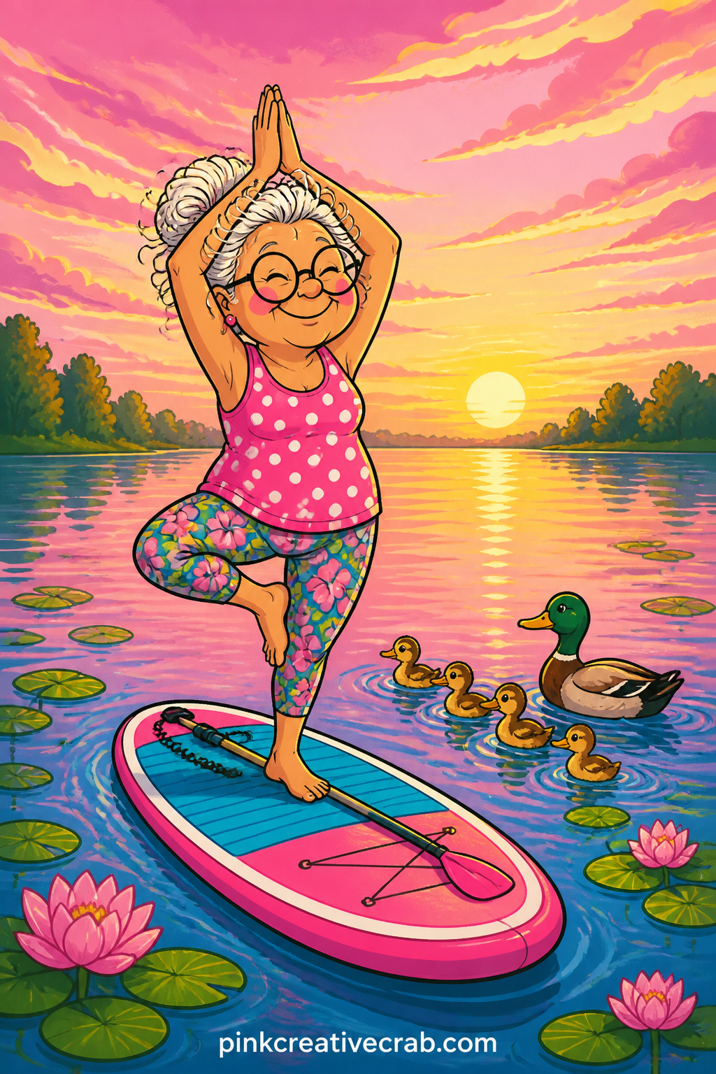 Paddleboard Yoga At Dawn printable page — Balanced in a perfect tree pose on a paddleboard, a granny holds steady while a duck family floats past, soft pink