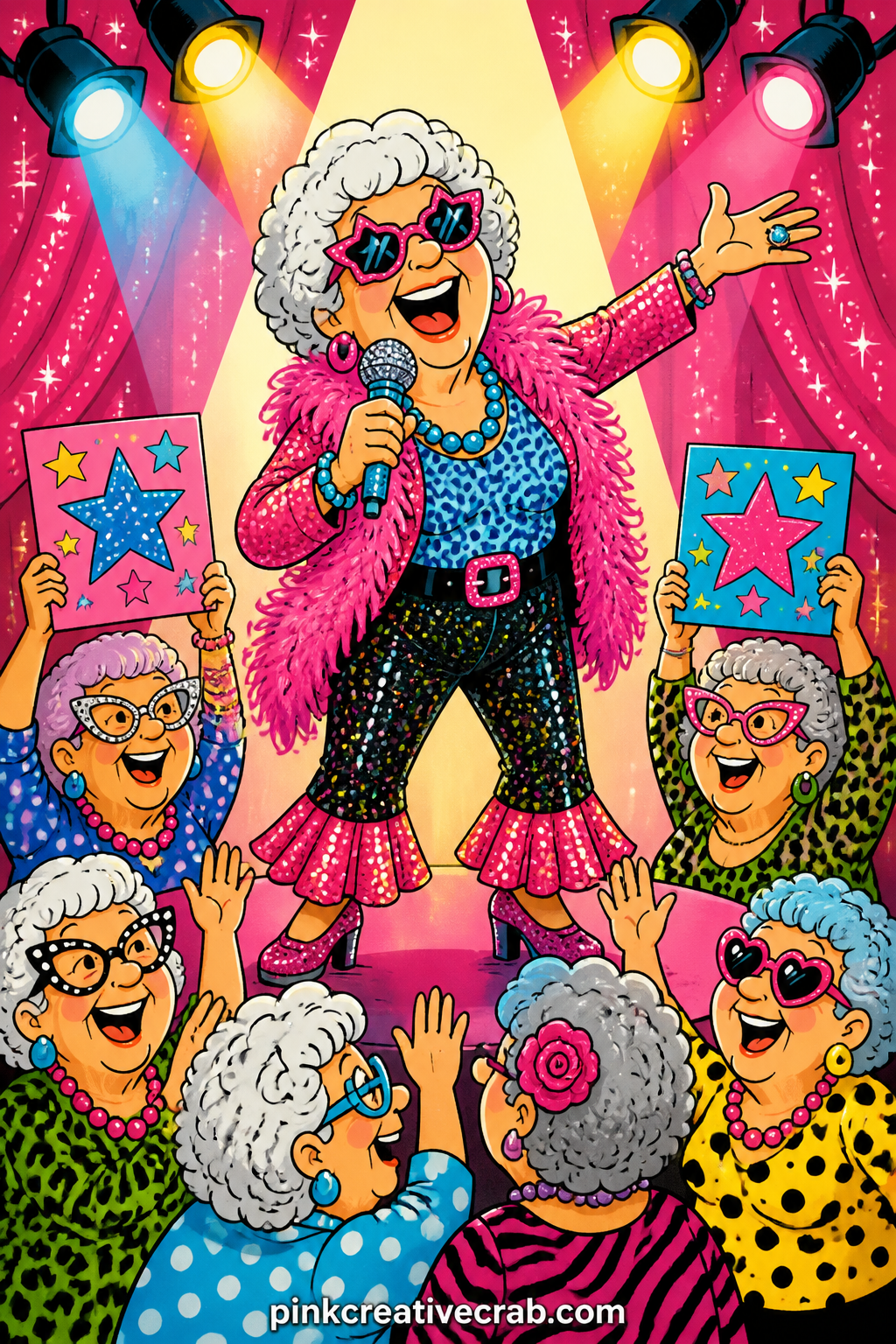 Karaoke Night Showstopper printable page — A granny grips a sparkly microphone mid note on a tiny stage, eyes closed, totally lost in the song while her