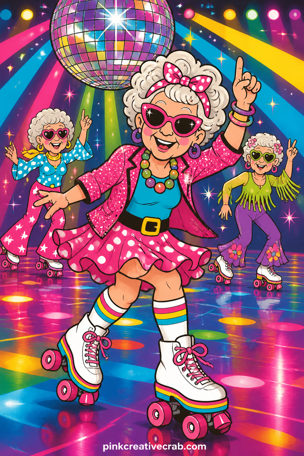 Disco Roller Rink Night printable page — Under a spinning mirror ball, a granny glides across a glowing rink floor in platform roller skates, arms thrown wide