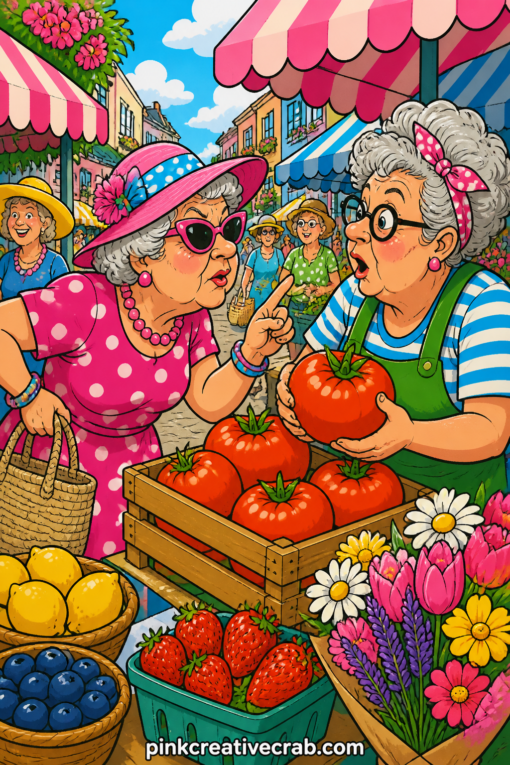Farmers Market Haggler printable page — A granny bargains hard over a crate of giant tomatoes, market stalls of fruit and flowers stretching behind her under