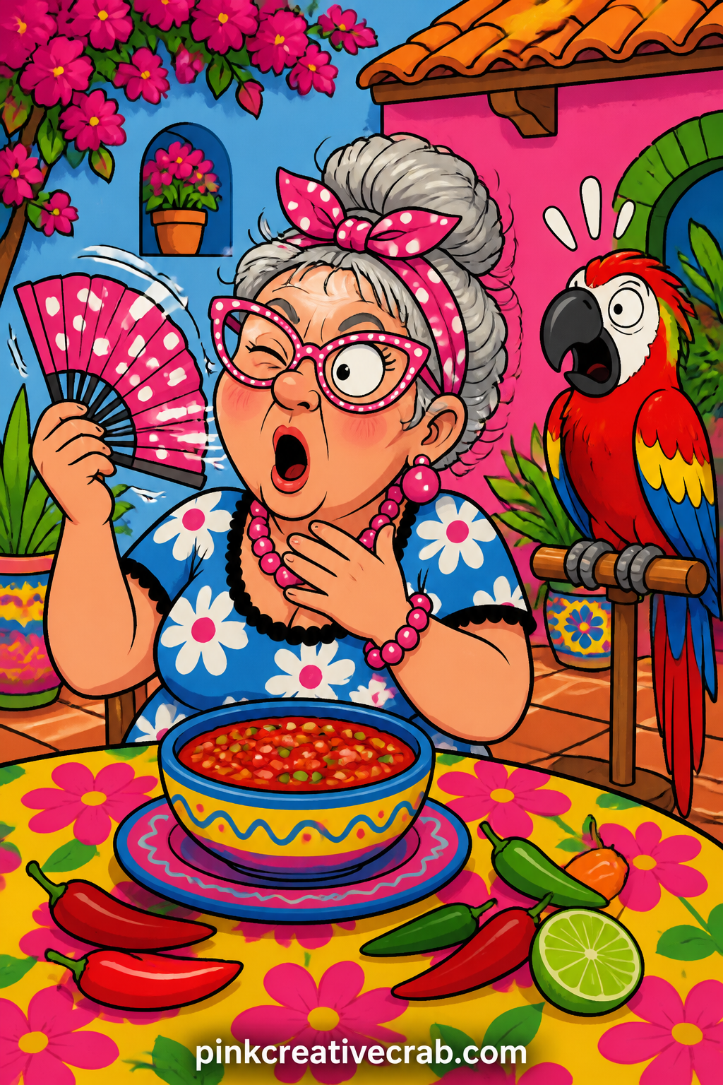 Spicy Salsa Taste Test printable page — Fanning her mouth after one giant bite of homemade salsa, a granny laughs through watery eyes while a parrot on a