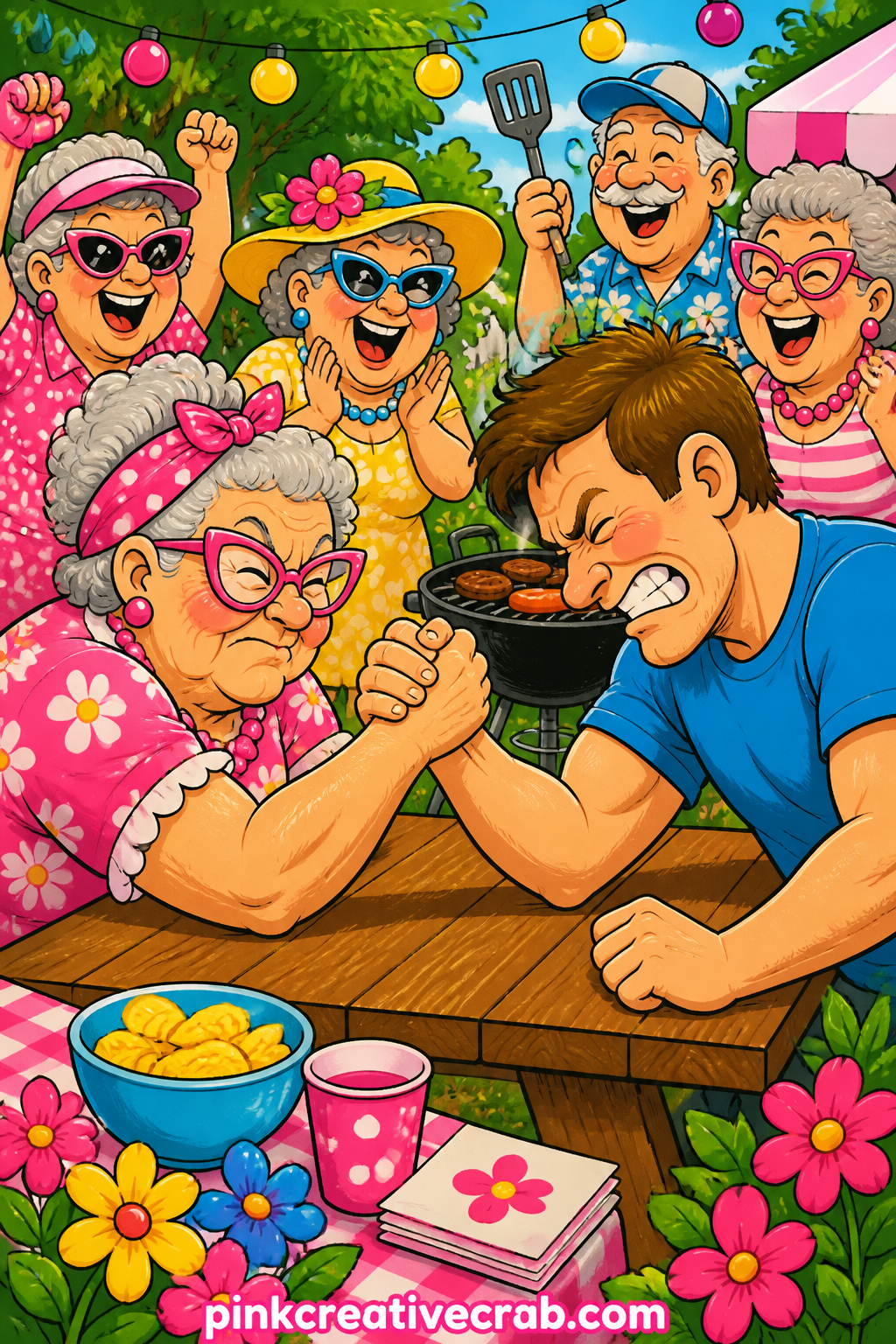Arm Wrestling Champion printable page — Sleeves rolled up and grinning wide, a granny pins a much younger opponent's arm flat to the table while a small crowd