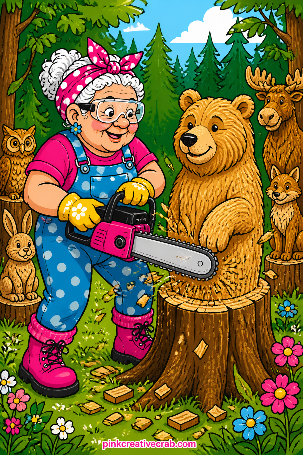 Chainsaw Wood Carving printable page — Write your own caption for what she is carving: a bear, a mushroom, her own initials three feet tall, then add a quick