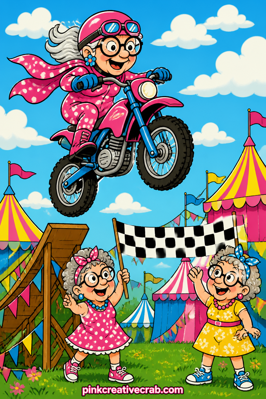 Motorcycle Stunt Jump printable page — Goggles down and grin fixed, a granny launches her motorcycle off a makeshift wooden ramp while two friends hold up a