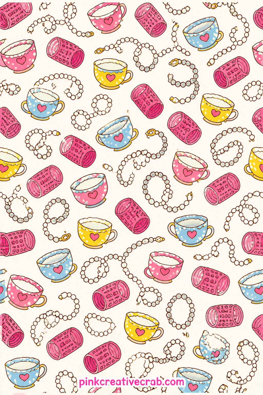 Pearls Curlers And Teacups Pattern printable page — Strings of pearls, pink hair curlers and dainty teacups repeat across this sheet in a tidy all over