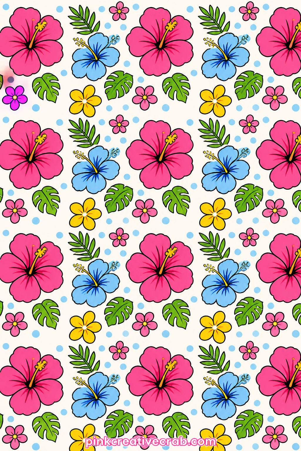 Floral Swimsuit Pattern printable page — Bright tropical flowers and polka dots repeat in rows like fabric from a granny's favorite swimsuit. Funny old ladies