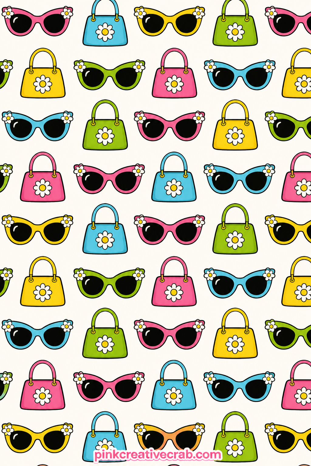 Handbags And Sunglasses Pattern printable page — Rows of little handbags and oversized sunglasses tile across the page in a playful repeat. Funny old ladies