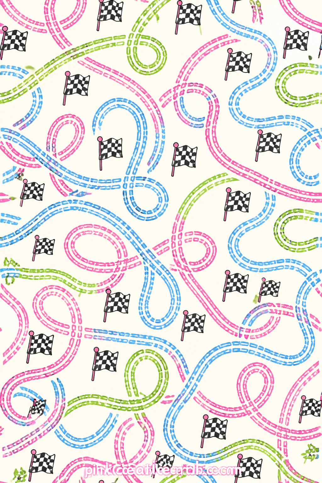 Scooter Tracks Pattern printable page — Looping scooter tire tracks and tiny flags repeat across the whole sheet like a racetrack doodle. Funny old ladies