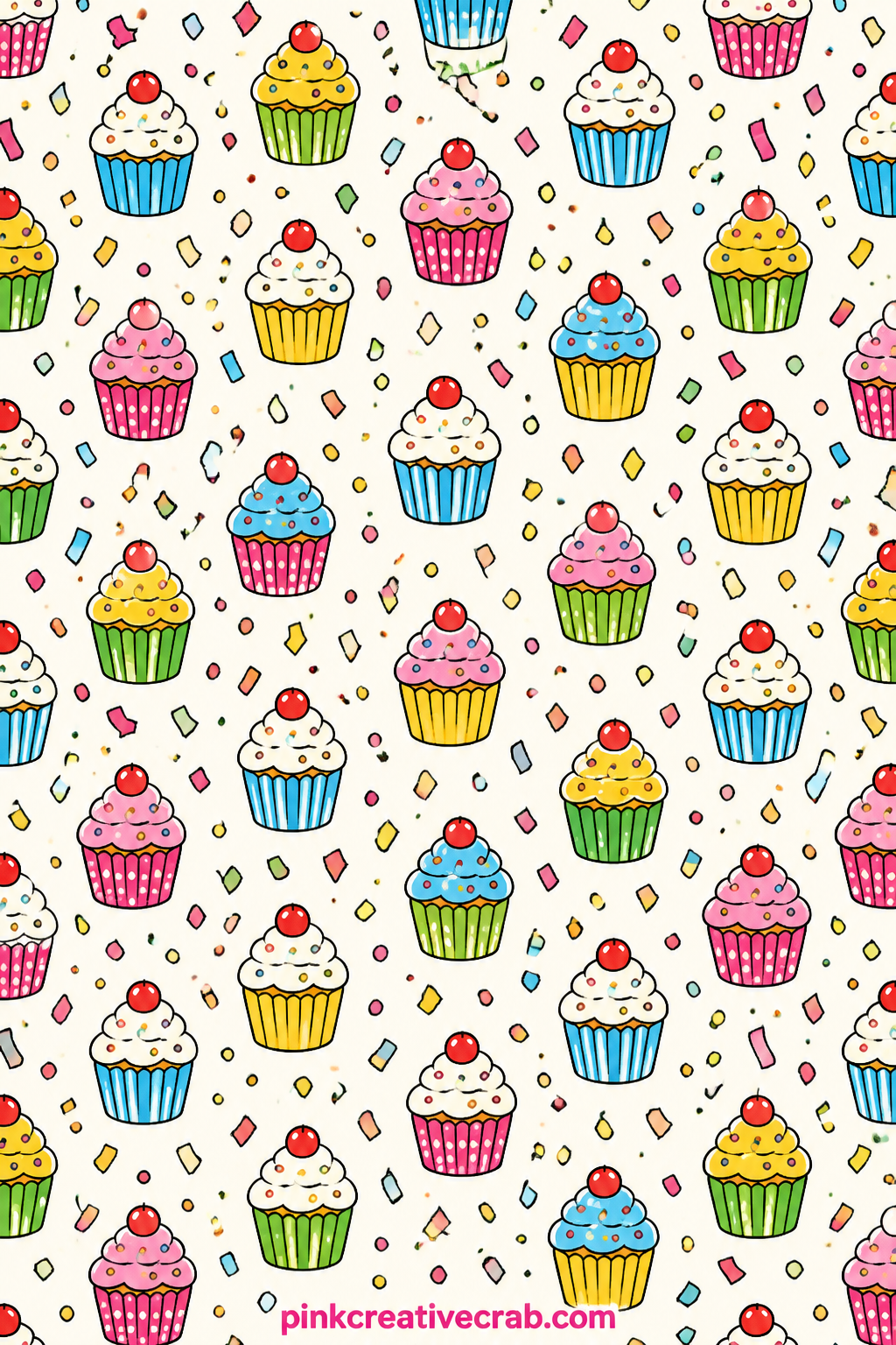 Cupcakes And Confetti Pattern printable page — Mini cupcakes and scattered confetti pieces tile evenly across the page in party colors. Funny old ladies