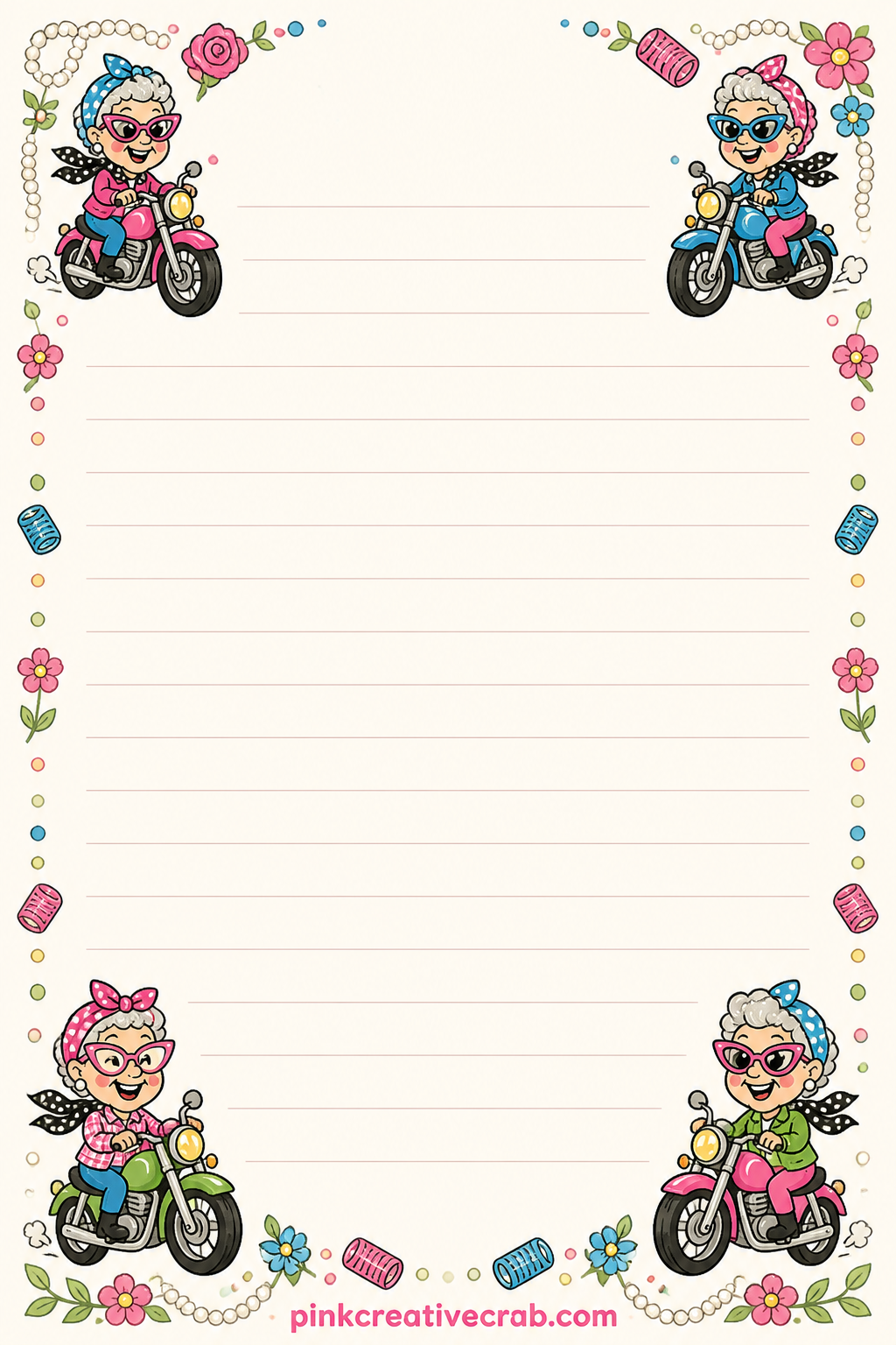 Bucket List Lined Page printable page — Framed by a corner spray of pearls and tiny motorcycles, this page holds a running bucket list, a wild idea for next