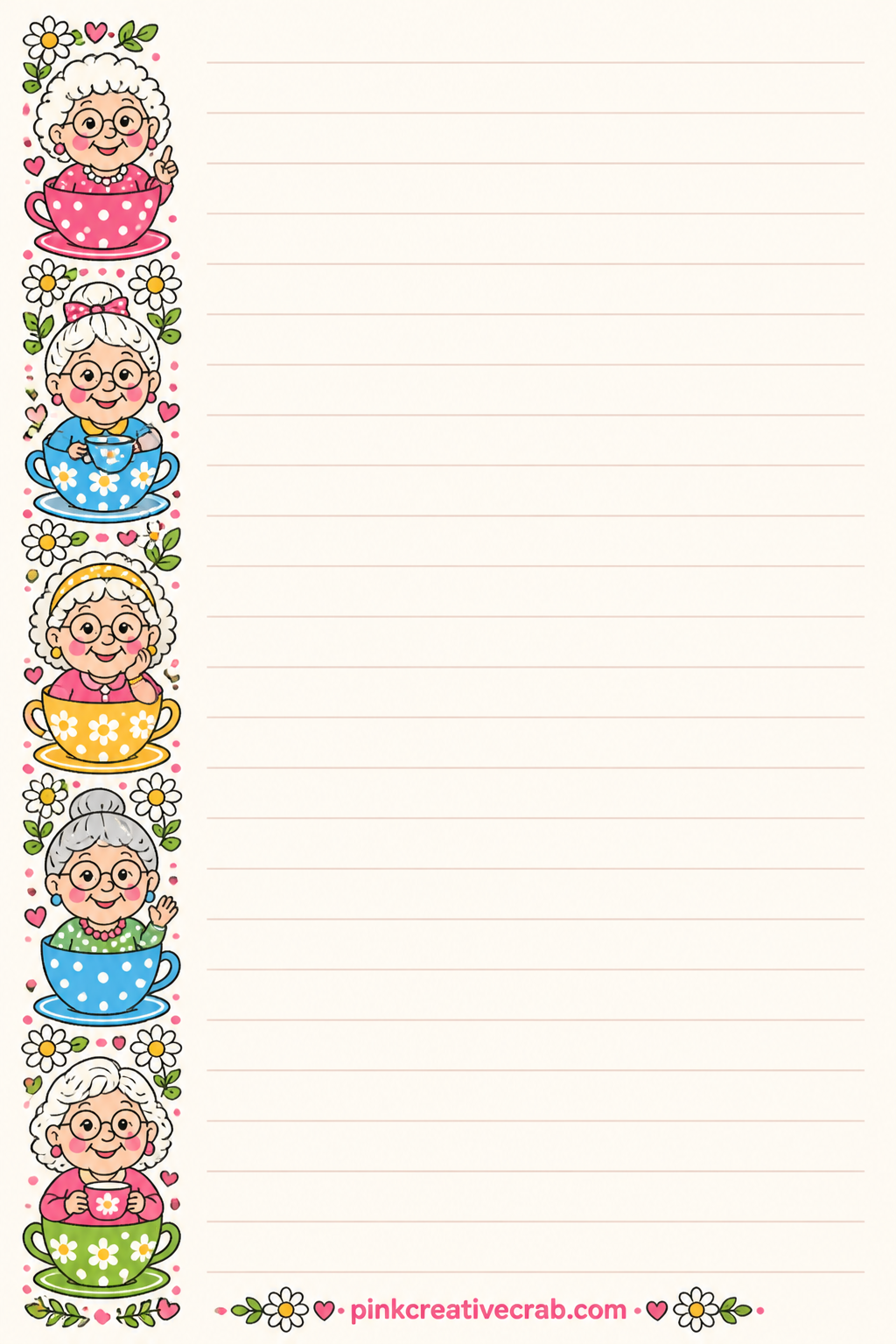 Granny Wisdom Lined Page printable page — A thin band of teacups and daisies runs down the left side of this page. Funny old ladies