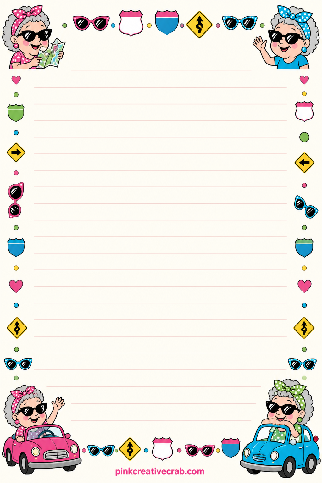 Road Trip Plans Lined Page printable page — A frame of tiny road signs and sunglasses borders this page top and bottom. Funny old ladies
