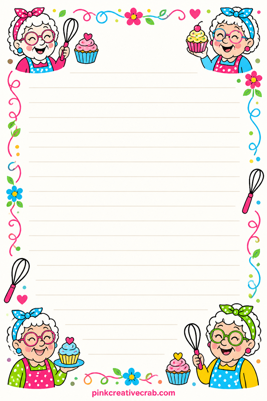 Recipe To Remember Lined Page printable page — Scattered cupcakes and whisks decorate the corners of this page. Funny old ladies