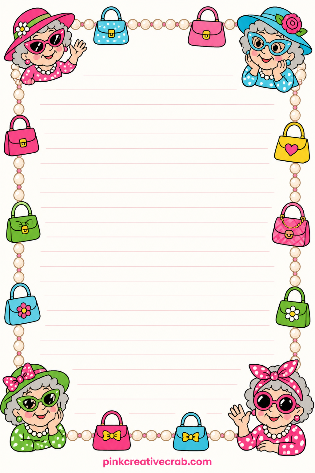 Letter To Future Me Lined Page printable page — A light border of pearls and tiny handbags wraps the full edge of this page. Funny old ladies