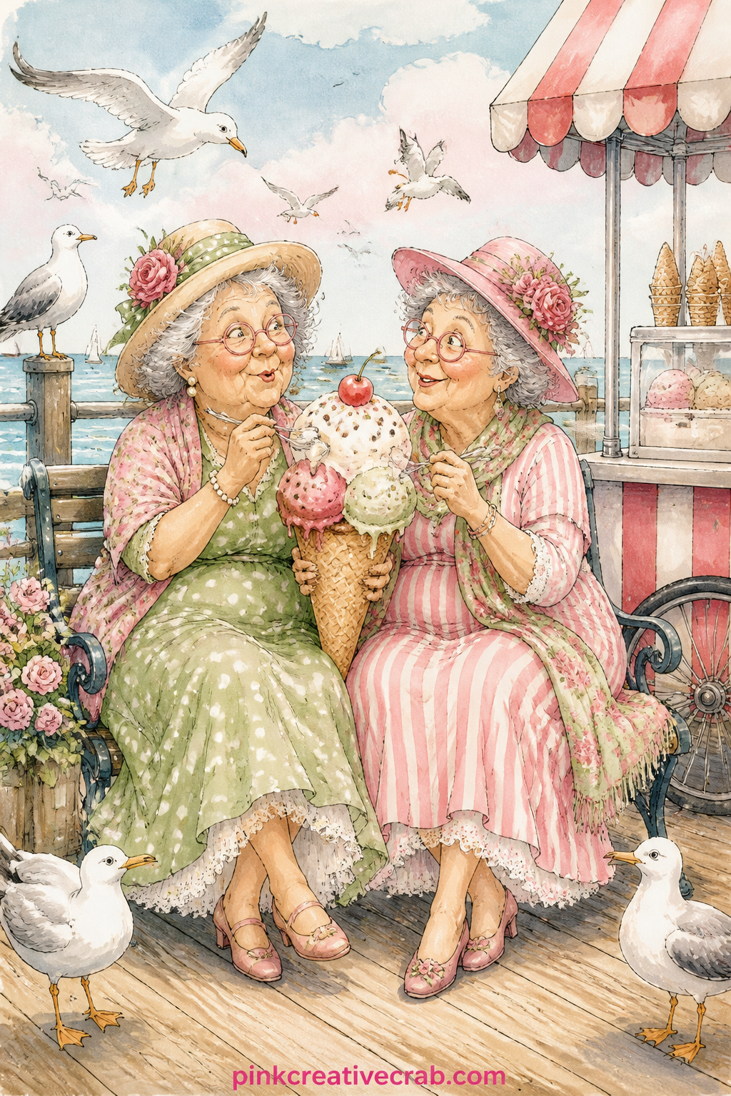Sharing One Giant Ice Cream On The Pier printable page — One towering ice cream cone sits between them on a pier bench, two spoons dug in from opposite sides