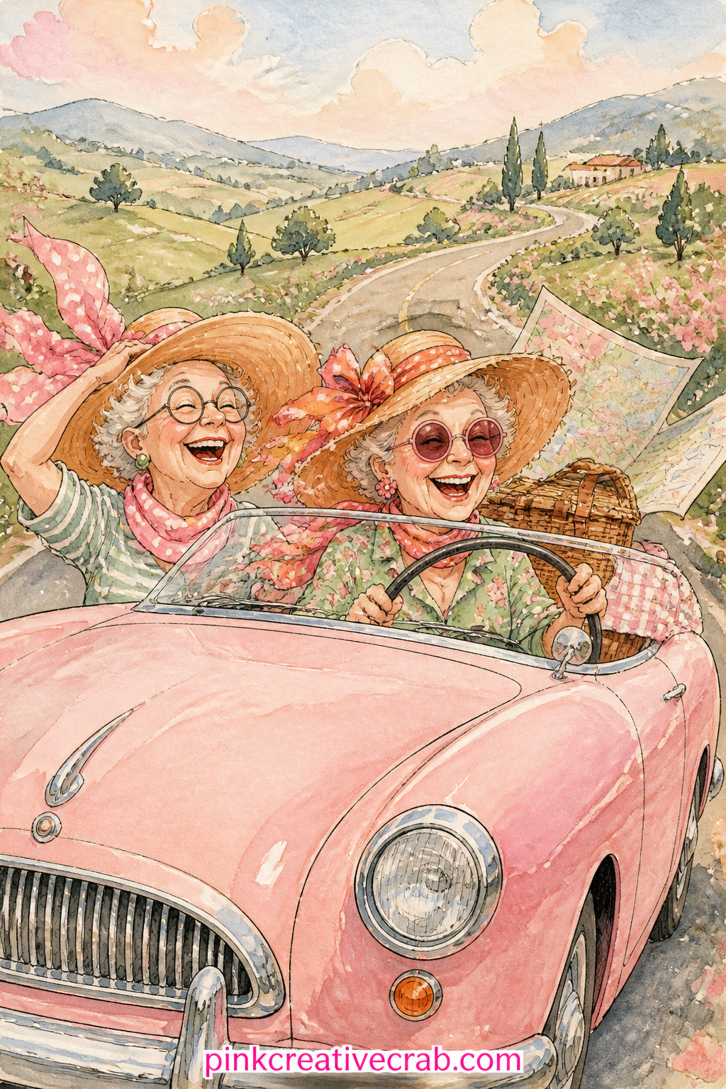 Road Trip In A Pink Convertible printable page — Two friends in sunhats drive a pale pink convertible down a winding country road, scarves flying, with a