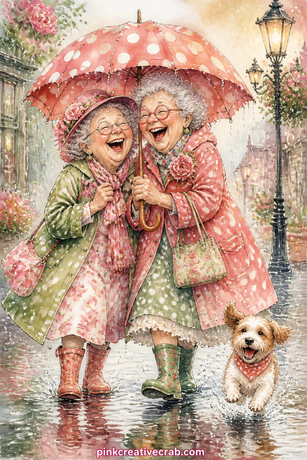 Giggling Under One Umbrella In The Rain printable page — Pair this page with the teacup pattern background further on in the set, tucking a strip of it behind
