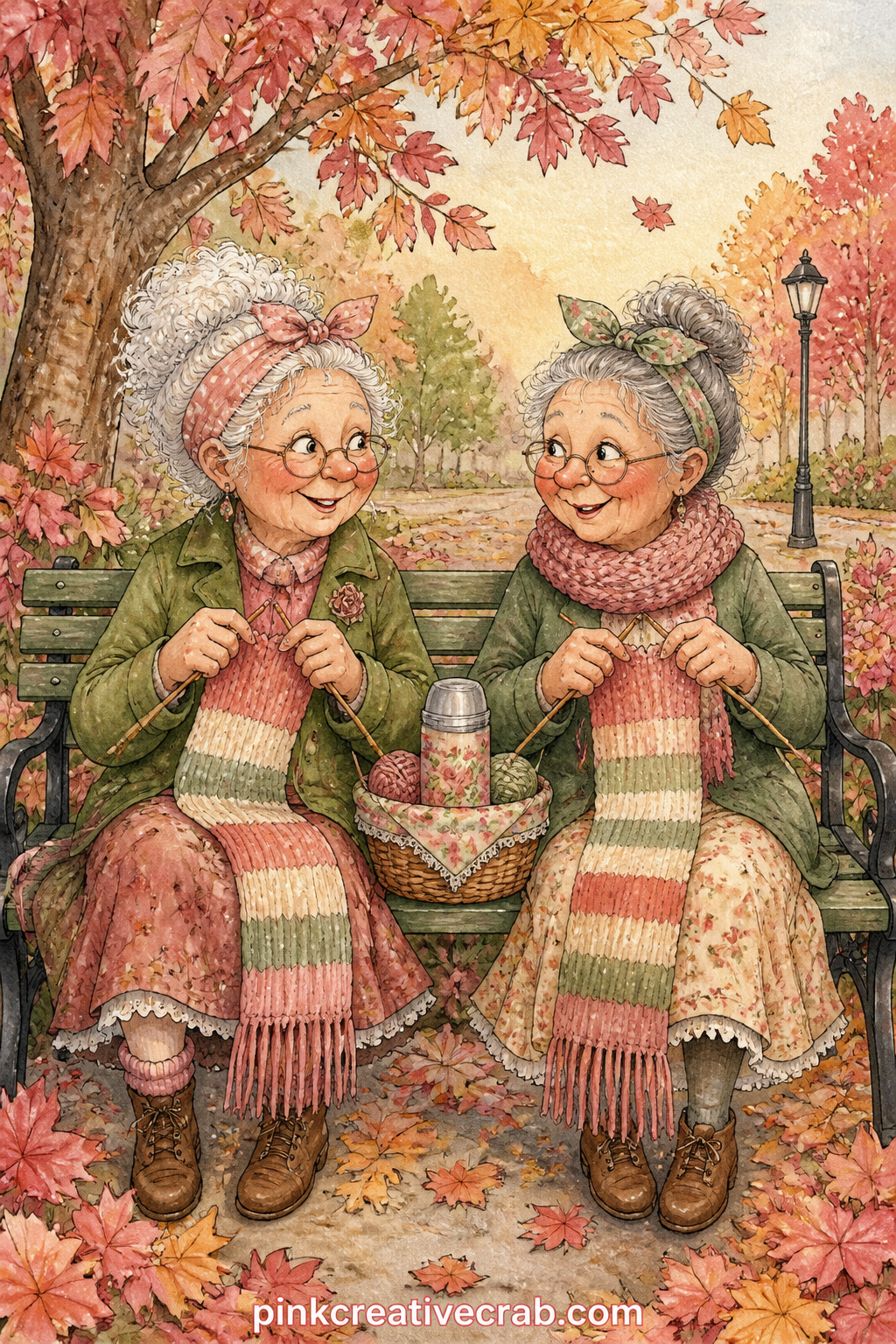 Knitting Matching Scarves On A Park Bench printable page — Write the recipient's name and her friend's name along the bottom of this page before gluing it in