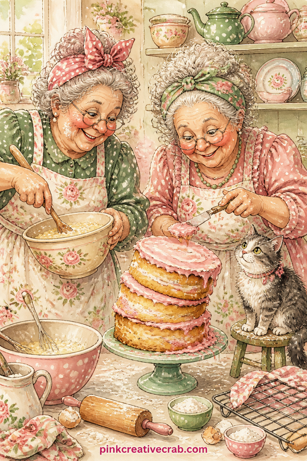 Baking A Lopsided Cake Together printable page — Flour dusts both of their aprons as one friend tilts a very lopsided cake out of its tin while the other holds
