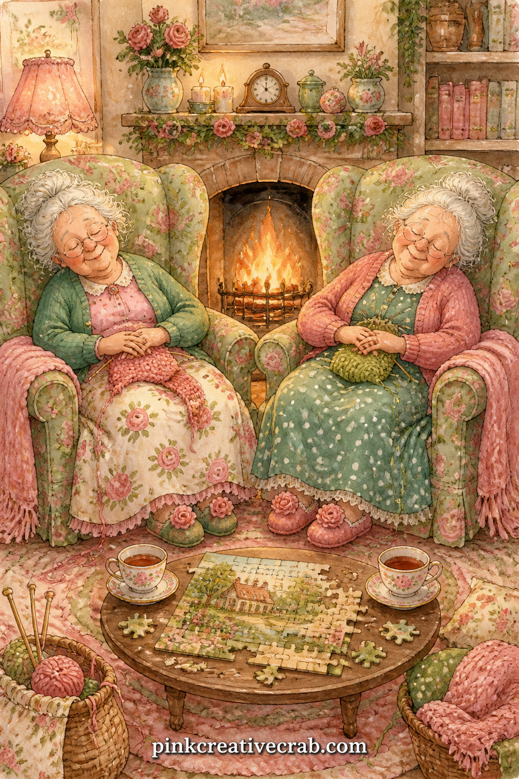 Falling Asleep In Matching Armchairs printable page — Both friends doze in matching armchairs by a crackling fireplace, knitting forgotten in their laps, a