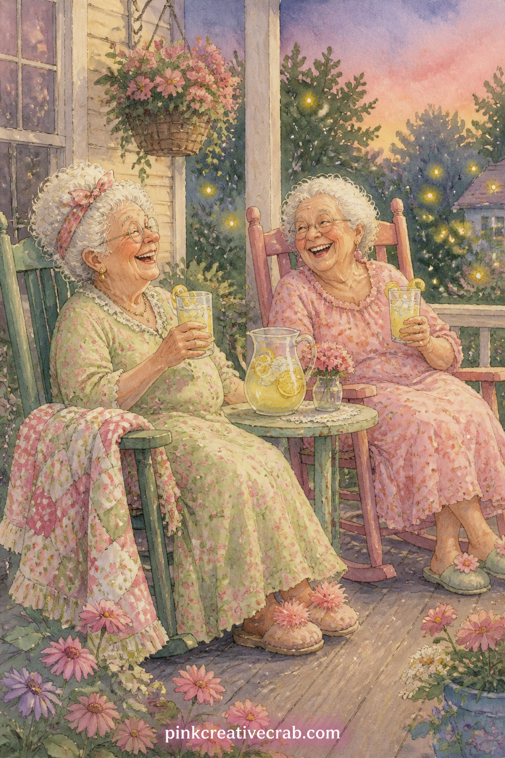 Rocking On The Porch With Lemonade printable page — Two rocking chairs creak side by side on a porch, a pitcher of lemonade sweating on a small table between
