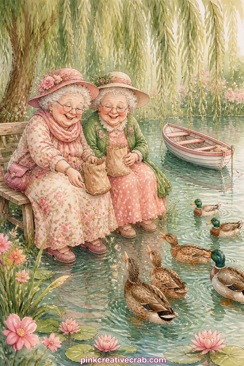 Feeding Ducks By The Pond printable page — A paper bag of bread crumbs sits open between two friends on a pond bench, ducks paddling eagerly toward them, while