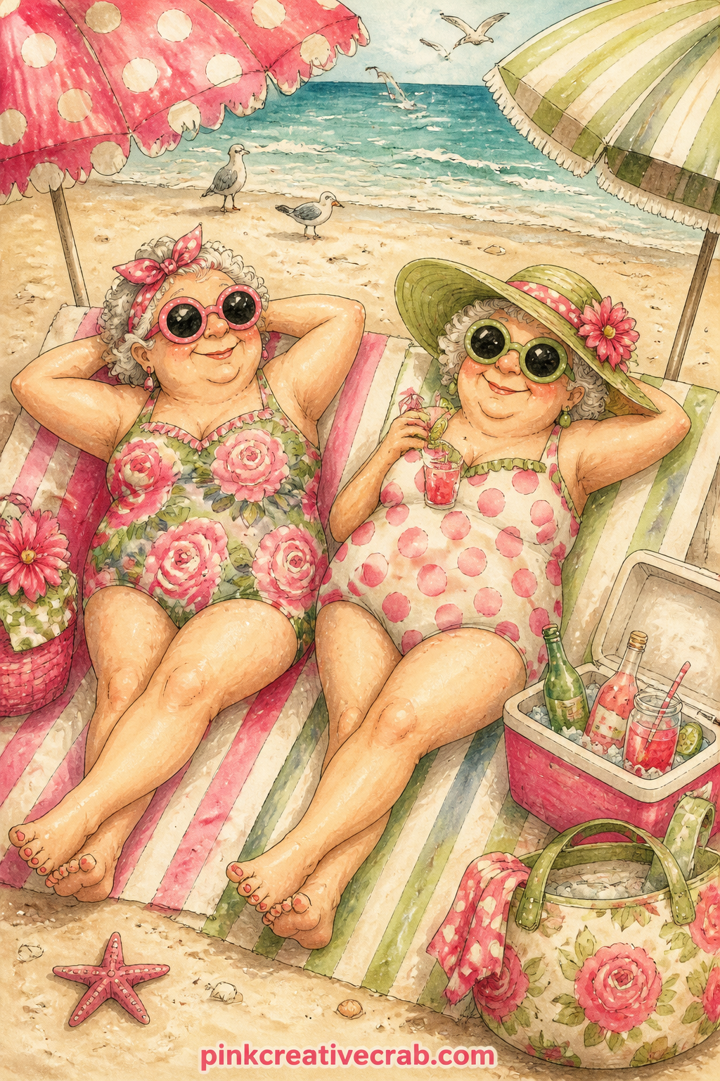 Sunbathing In Wildly Patterned Swimsuits printable page — Place this page across from the lined page meant for a summer bucket list, since two friends