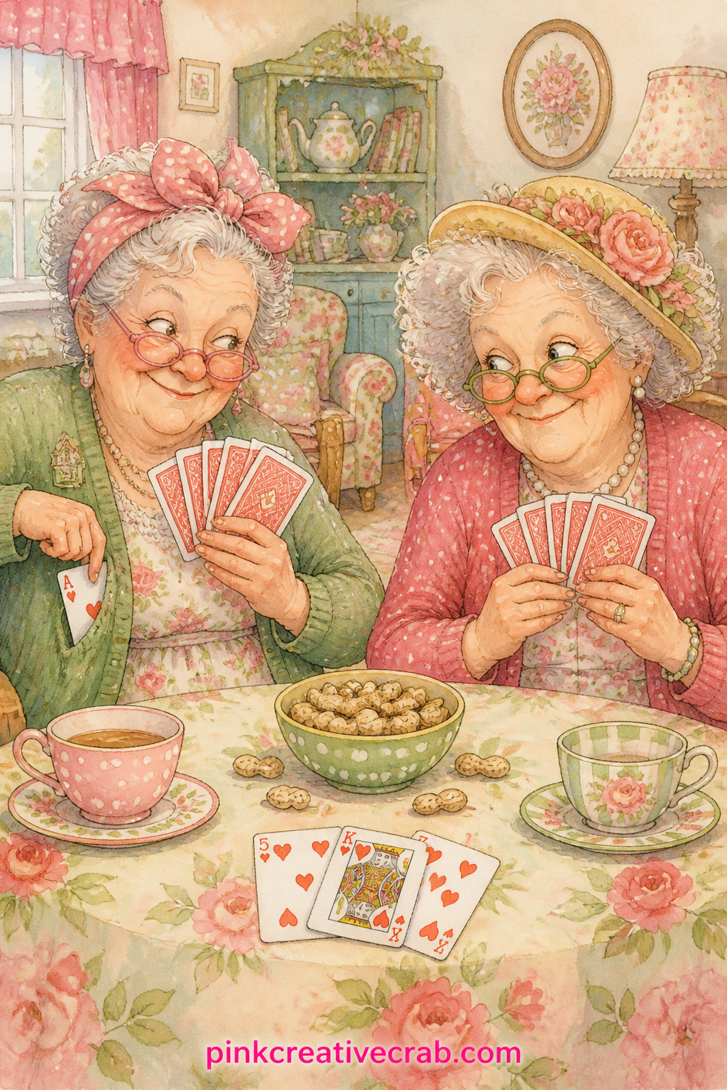 Playing Cards And Cheating Shamelessly printable page — Cards fan out across a small table between two grinning friends, one with an extra ace clearly peeking