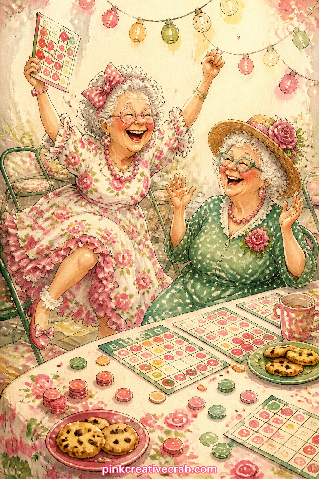 Bingo Night Victory Dance printable page — One friend leaps up waving her bingo card high while the other claps from her folding chair, scattered bingo chips