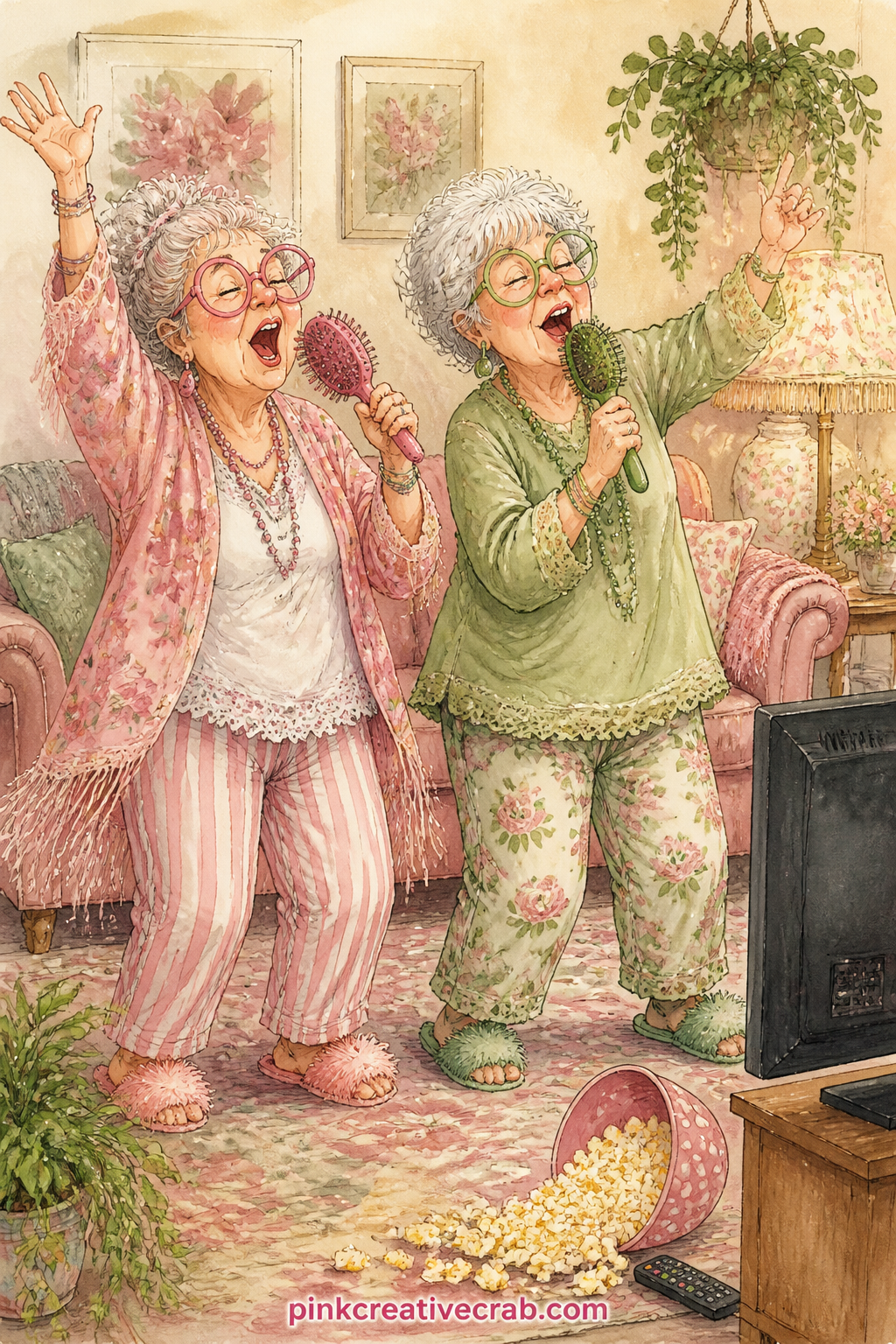 Karaoke Duet With Hairbrush Microphones printable page — Both friends belt out a song into hairbrush microphones in a cozy living room, a television glowing