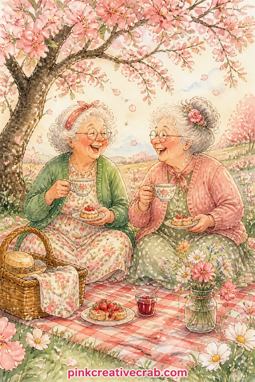 Picnic Under A Blossoming Tree printable page — A checkered blanket holds two friends, a woven basket of sandwiches and a small jar of wildflowers under a tree