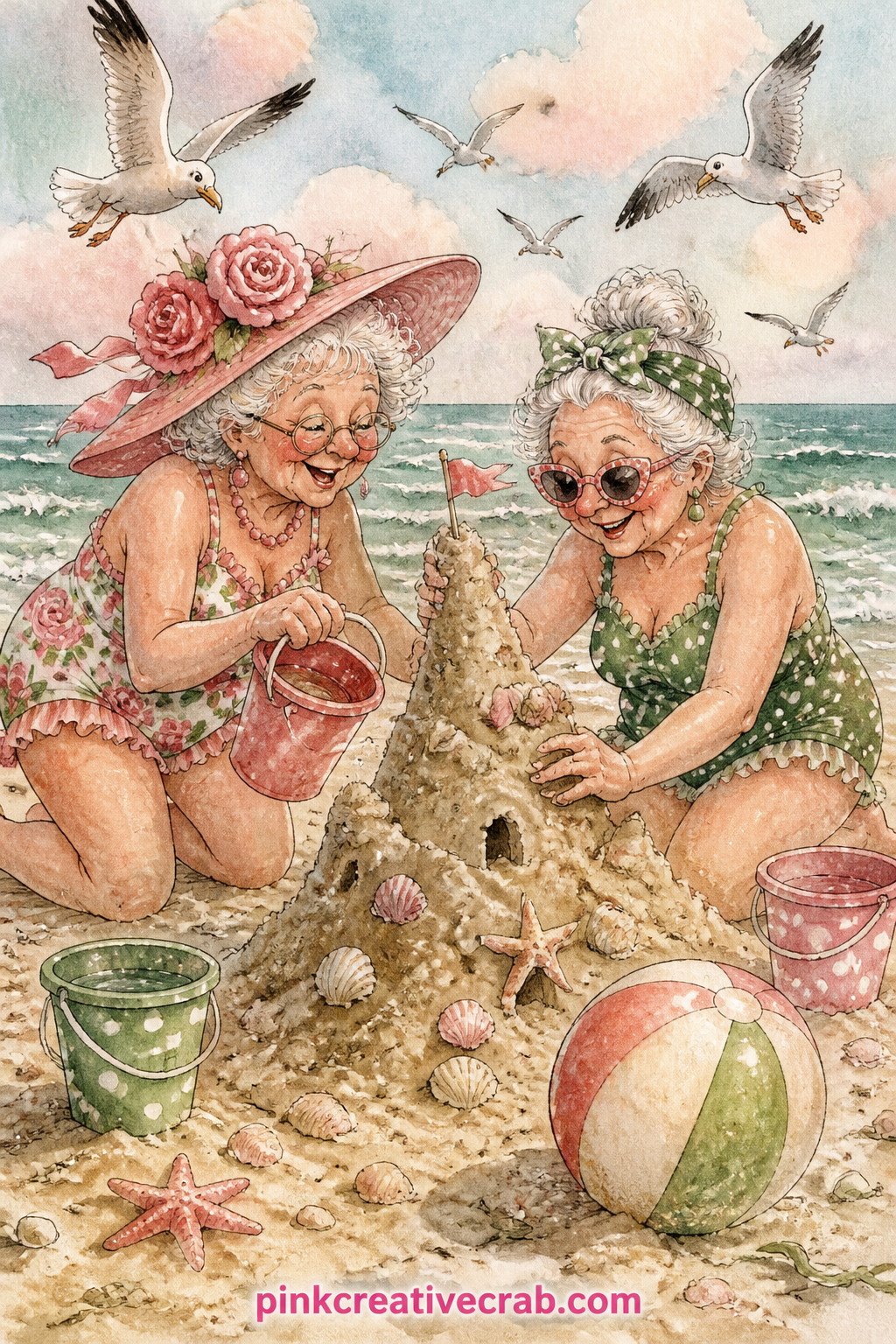 Building A Lopsided Sandcastle printable page — Both friends kneel in the sand patting a cheerfully lopsided sandcastle into shape, buckets and a striped beach