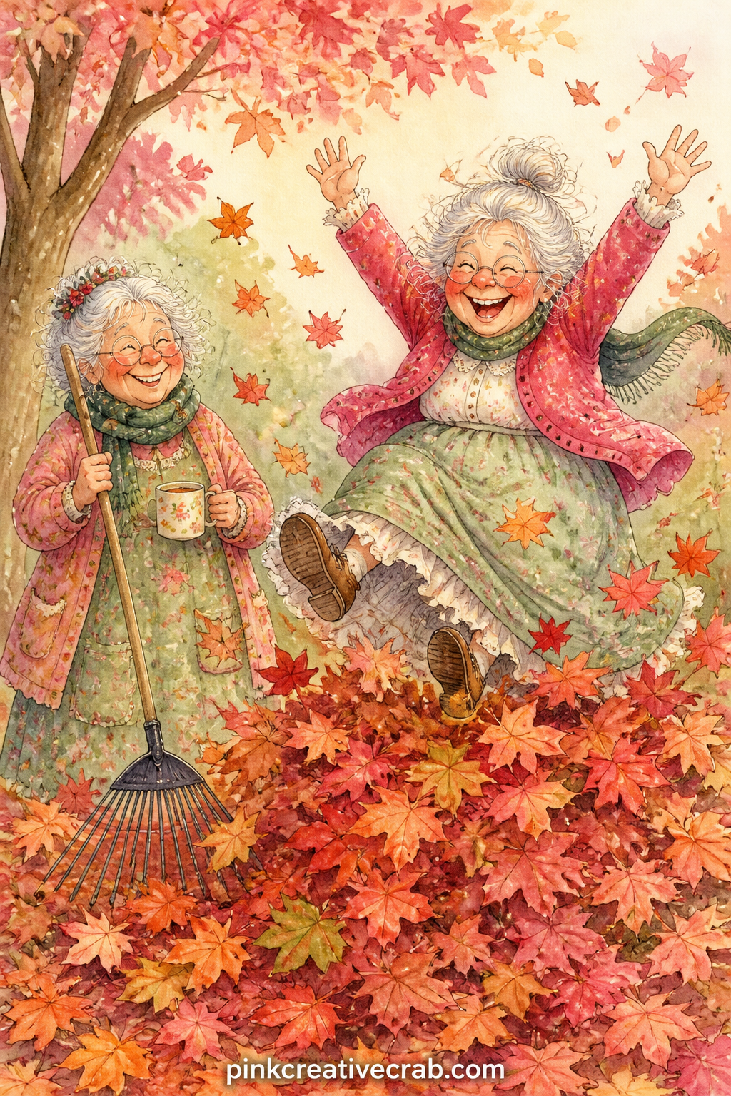 Raking Leaves Into A Pile For Jumping printable page — One friend mid leap into a pile of raked leaves while the other watches with a rake in hand and a mug of