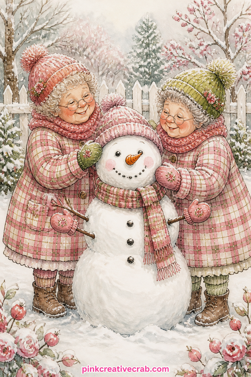 Building A Snowman In Matching Coats printable page — Two friends in matching plaid coats pat a round snowman into shape, a carrot nose and a crooked scarf