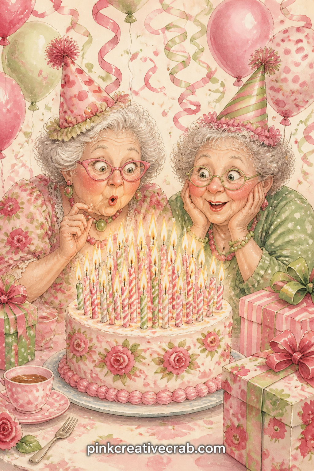 Birthday Cake With Far Too Many Candles printable page — One friend leans in to blow out a cake absolutely crowded with candles while the other covers her ears