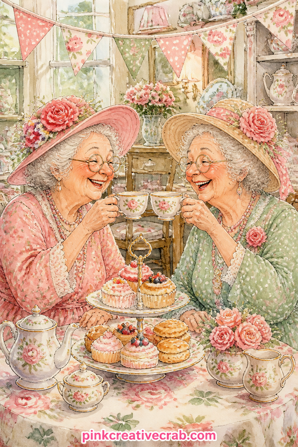 Toasting With Teacups Instead Of Champagne printable page — Two friends clink teacups high in a toast, a small cake stand of pastries between them and a string
