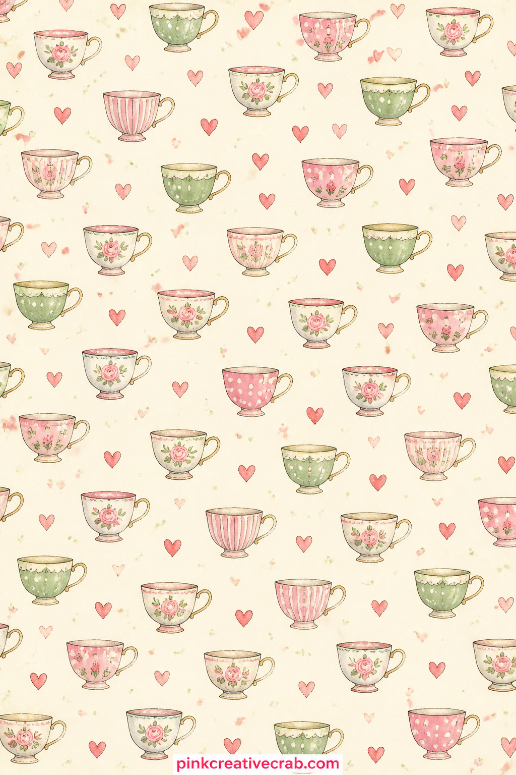 Teacups And Tiny Hearts Pattern printable page — Small painted teacups and tiny hearts repeat edge to edge in dusty rose and cream, perfect behind a photo of