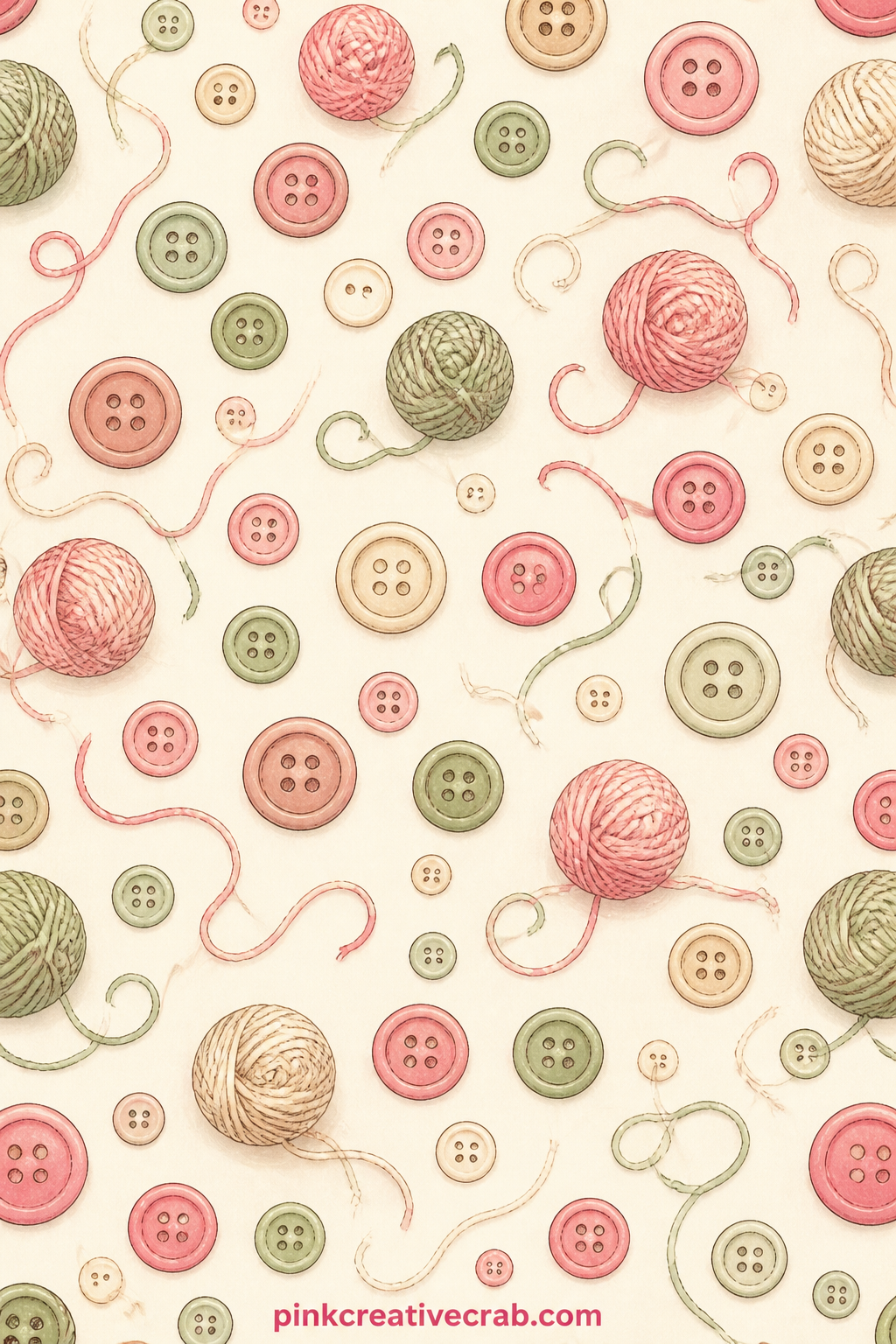 Scattered Buttons And Yarn Pattern printable page — Loose buttons and curling bits of yarn scatter across the page in warm rose and sage, a natural fit under a