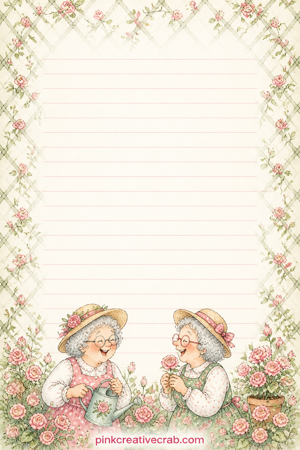 Garden Trellis And Tiny Roses Background printable page — A faint trellis lattice climbs with tiny painted roses across the whole sheet, soft enough to sit