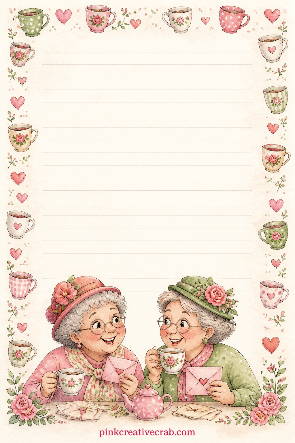 Letters Between Two Old Friends Lined Page printable page — A thin border of teacups and tiny hearts frames faint ruled lines down the page, ready for a letter