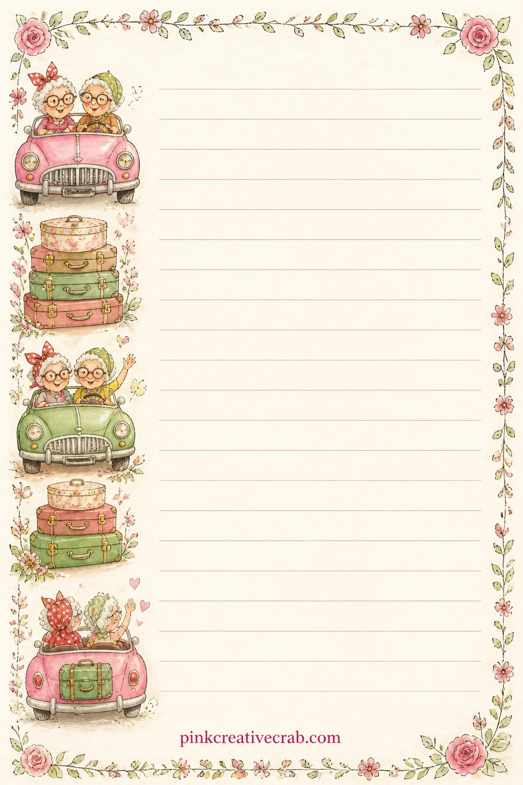 Road Trip Journal Lined Page printable page — A thin band of little convertibles and suitcases runs down one side of faint ruled lines, suited to a travel log