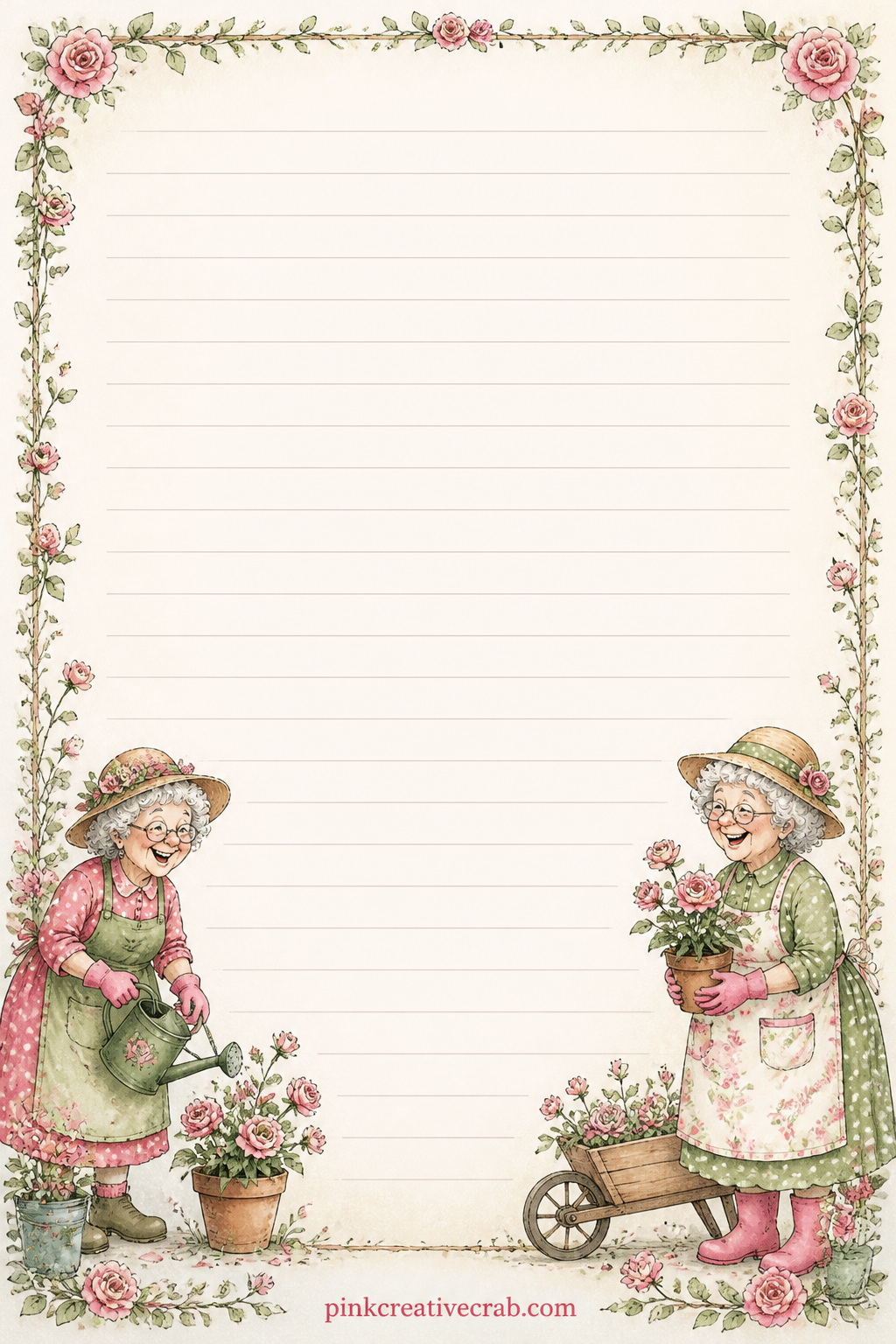 Garden Notes Lined Page printable page — A frame of tiny roses and leaves borders faint ruled lines, useful for a planting list, notes from an afternoon on the